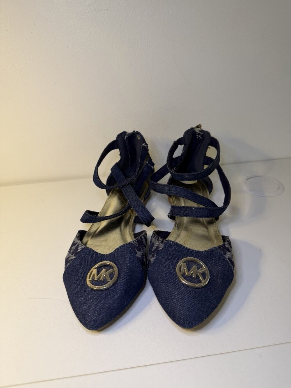 Michael Kors Denim Flats Girls 3 Navy MK Logo Monogram Strappy Point Toe Shoes